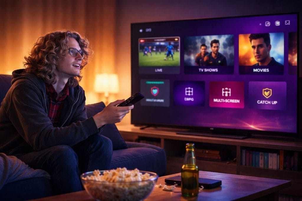 IPTV streaming Smart TV avec télécommande interface 4K live TV movies iptv-pro2.com