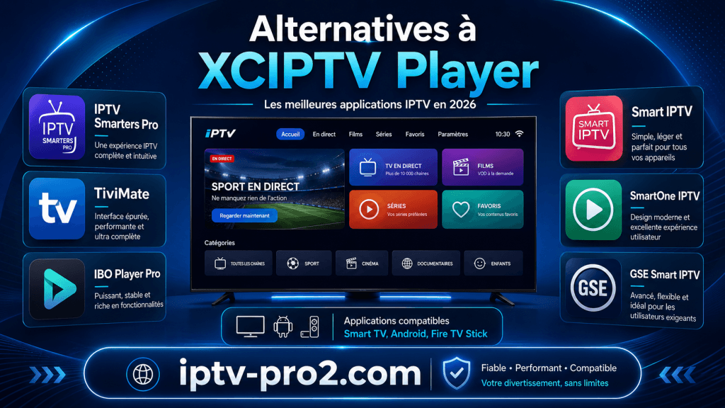 Alternatives à XCIPTV Player avec IPTV Smarters Pro, TiviMate, IBO Player Pro, Smart IPTV, SmartOne IPTV et GSE Smart IPTV