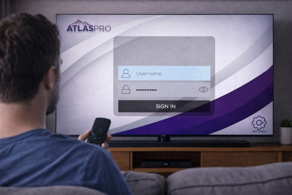 utilisateur regardant Atlas Pro Max sur Smart TV avec chaînes IPTV HD et 4K via iptv-pro2.com