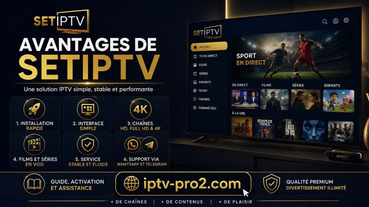 Image professionnelle présentant les avantages de SetIPTV avec chaînes HD 4K, VOD films et séries, sport en direct, support WhatsApp Telegram et site iptv-pro2.com.