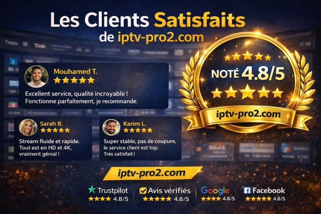 Avis clients IPTV avec note 4.8 sur 5 et témoignages utilisateurs satisfaits iptv-pro2.com 2026