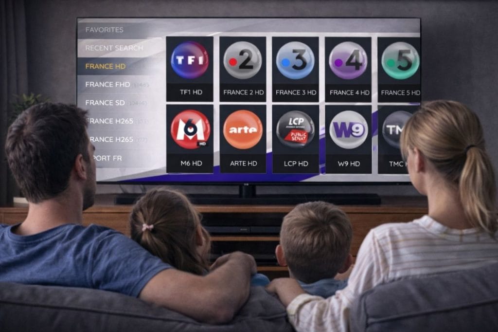 famille regardant chaînes IPTV France HD sur Smart TV avec streaming IPTV fluide via iptv-pro2.com