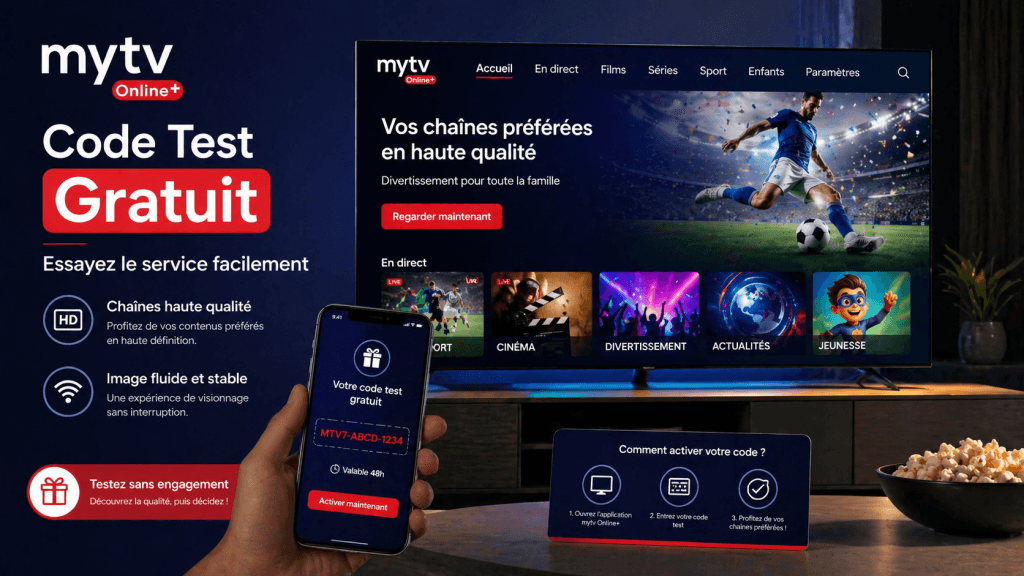 Code test gratuit mytv Online+ permettant de tester un abonnement IPTV France avec des chaînes haute qualité, une image fluide et un accès rapide sur Smart TV.