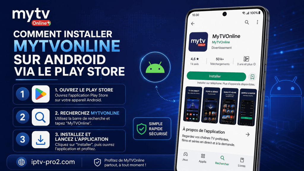 Installer MyTVOnline sur Android via le Play Store avec guide étape par étape et site iptv-pro2.com.