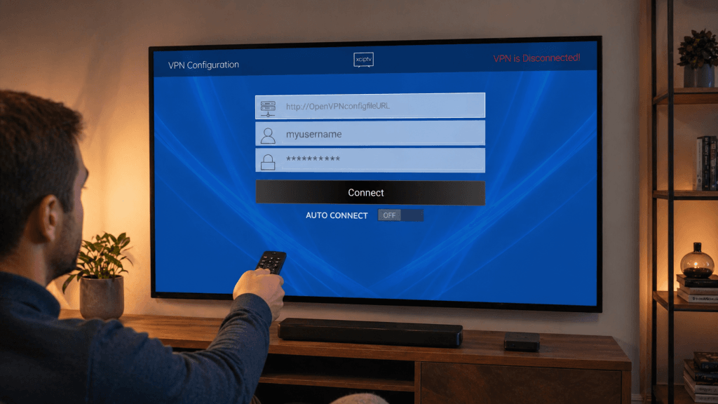 Personne configurant les informations VPN sur XCIPTV depuis une Smart TV avec une télécommande