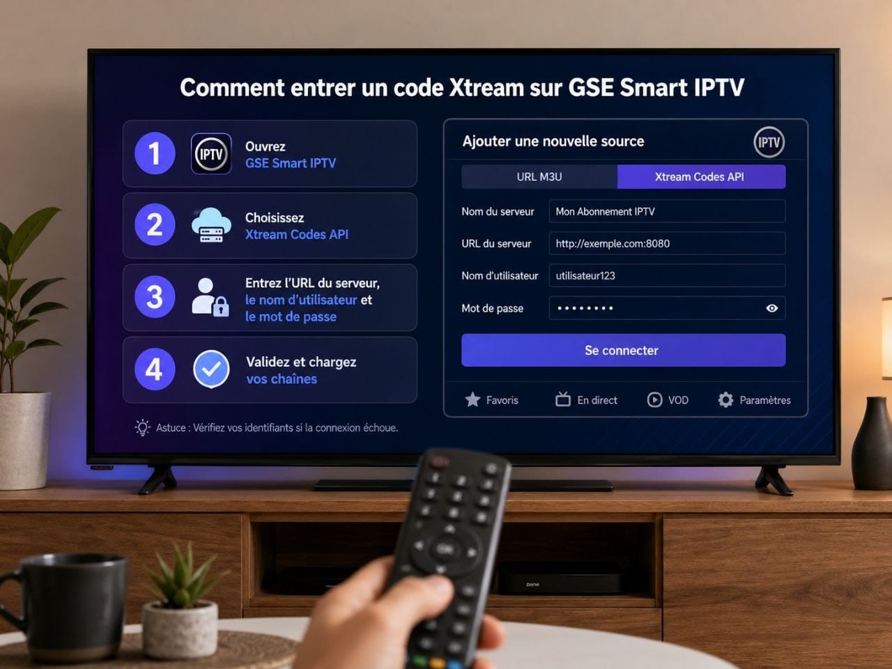 Tutoriel sur télévision expliquant comment entrer un code Xtream Codes API sur GSE Smart IPTV