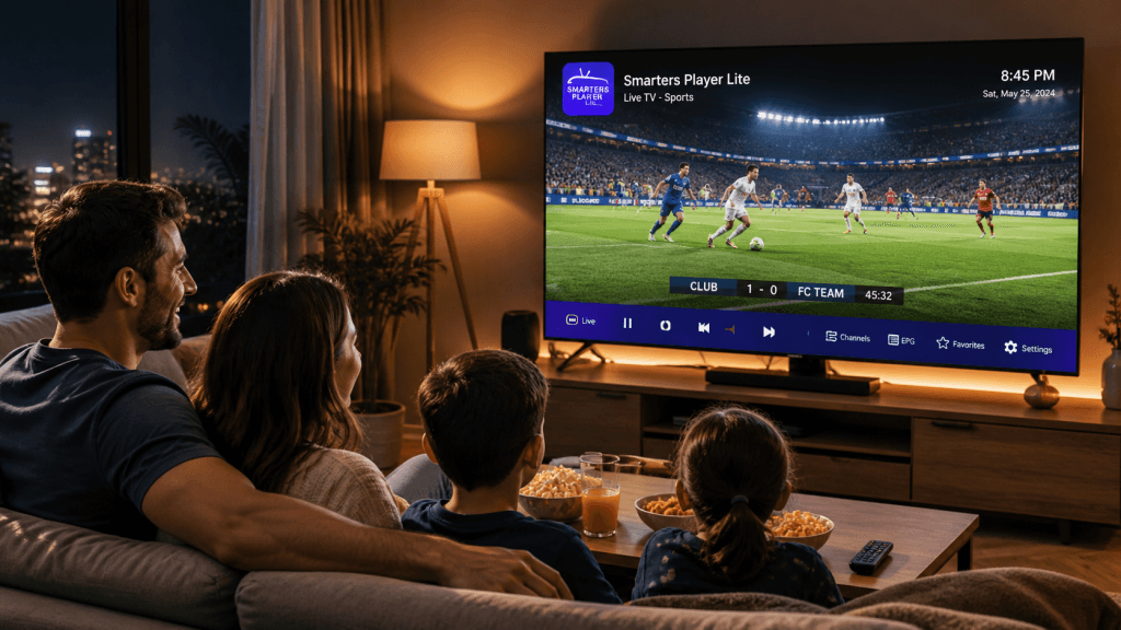 Famille regardant un match de football en direct sur Smart TV avec l’application Smarters Player Lite