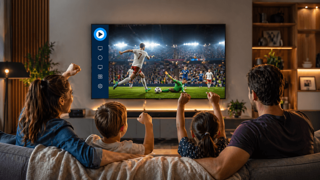 Famille regardant un match de football sur Smart TV via XCIPTV dans un salon moderne