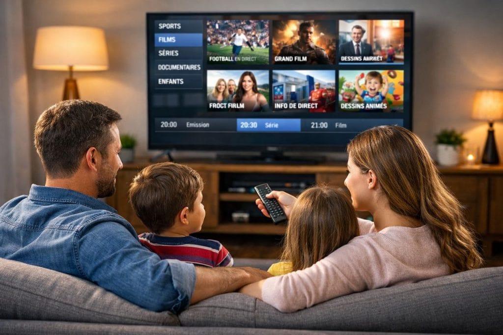 Famille assise sur un canapé regardant des chaînes IPTV sur TV avec streaming HD et interface moderne
