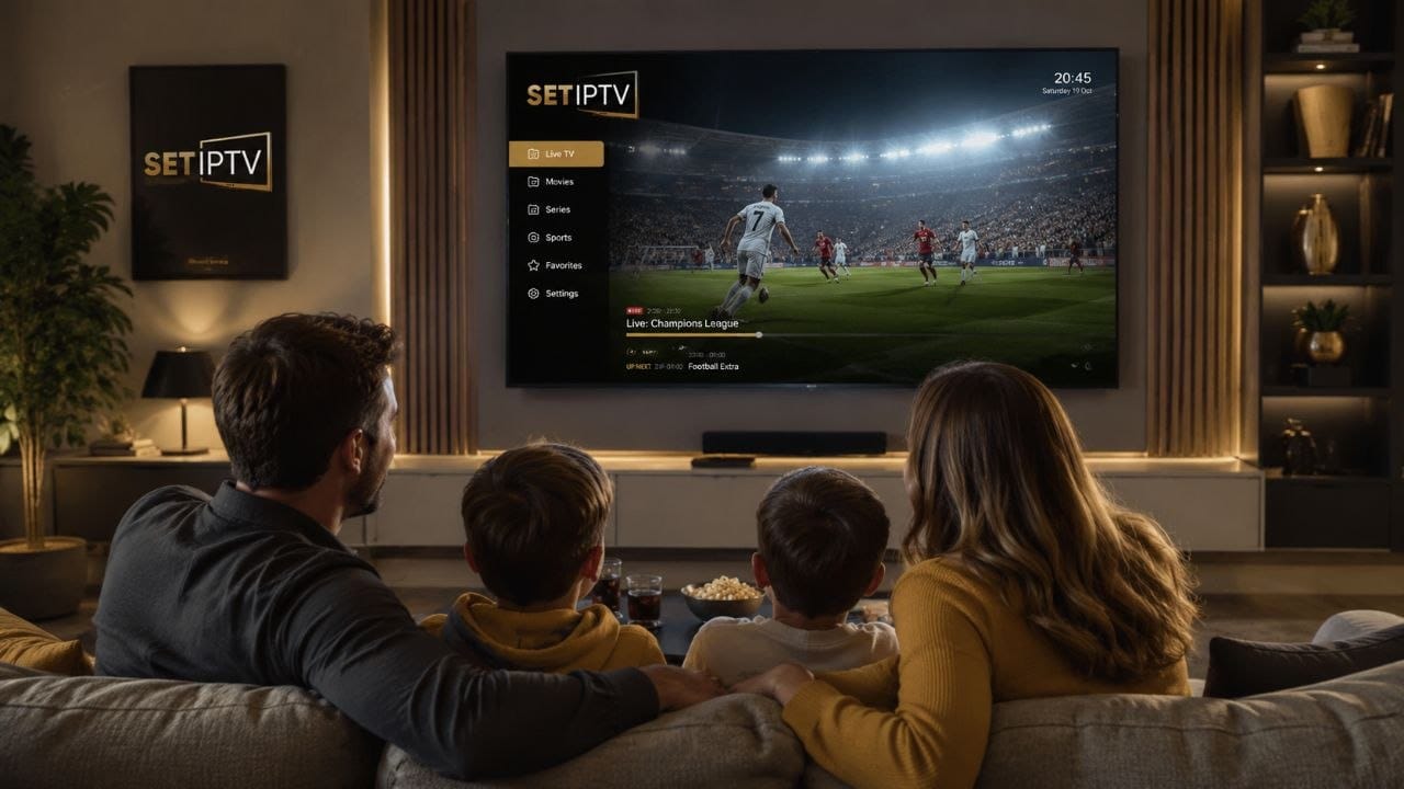 Famille installée dans un salon moderne regardant un match de football sur TV avec l’application SetIPTV.
