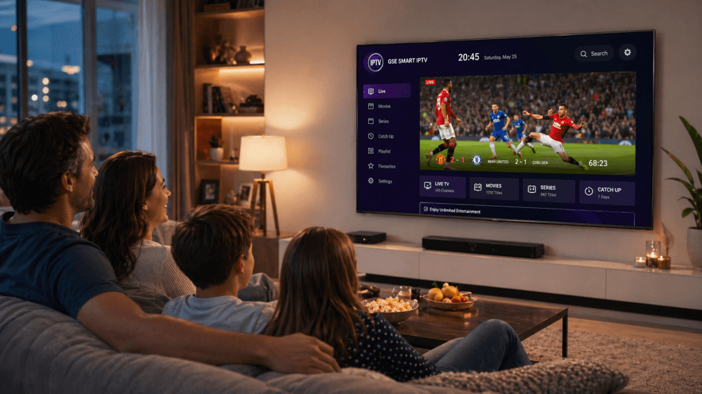 Famille regardant un match de football en direct sur Smart TV avec l’application GSE Smart IPTV