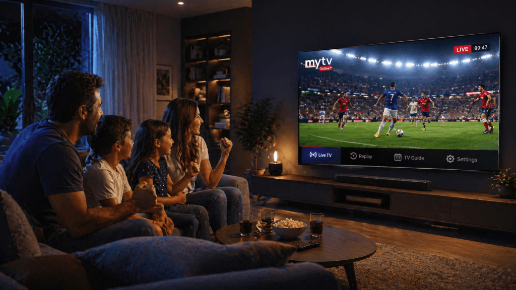 Famille regardant un match de football en direct sur une Smart TV via l’application MyTVOnline IPTV.