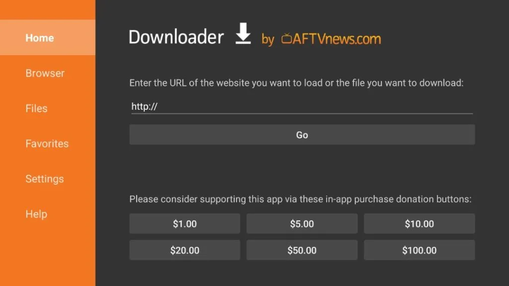 Interface de l’application Downloader affichant le code de téléchargement Fosto TV pour installer l’application IPTV sur Smart TV et Android TV.