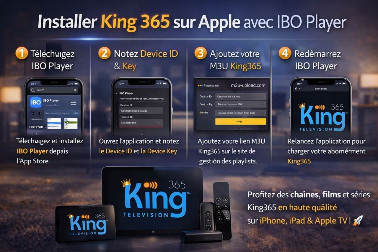 Installation King365 IPTV sur Apple avec IBO Player étapes configuration playlist M3U iPhone iPad Apple TV 2026