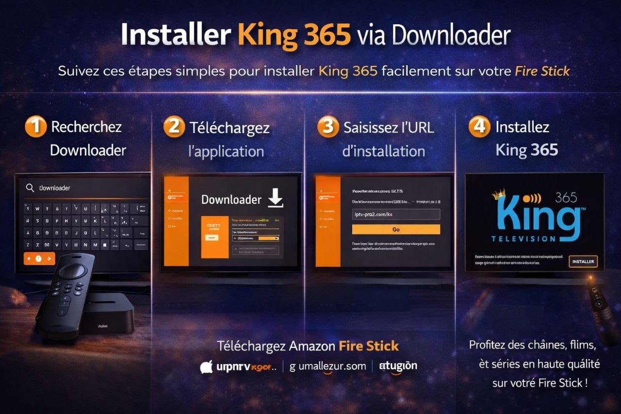 Installation King365 via Downloader sur Fire Stick avec étapes téléchargement et configuration IPTV 2026