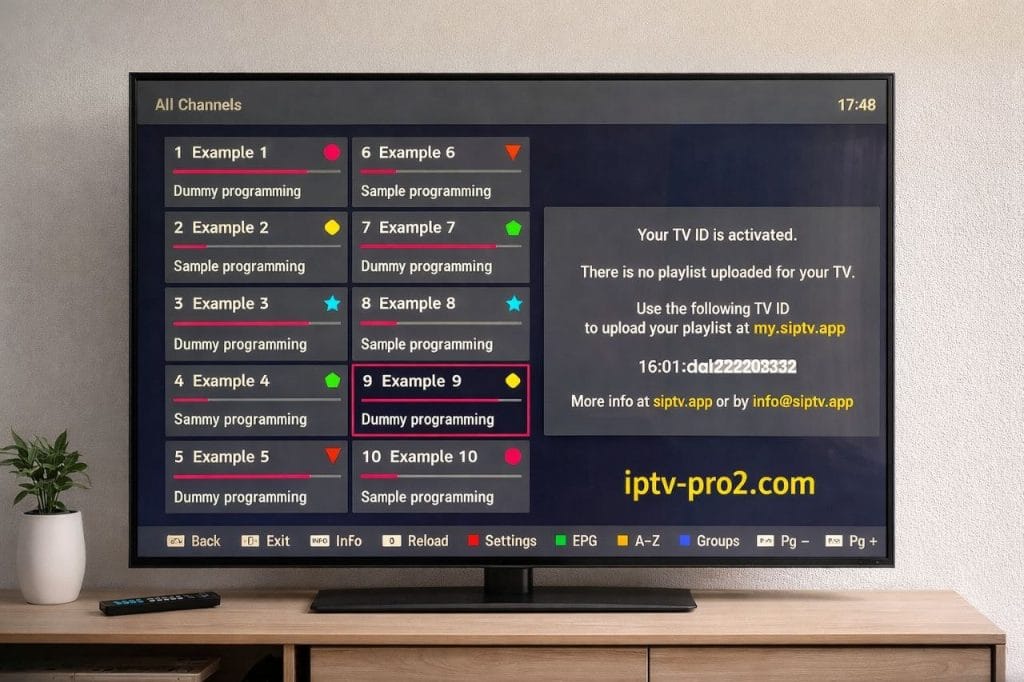 Interface IPTV sur télévision avec installation playlist et affichage chaînes - iptv-pro2.com