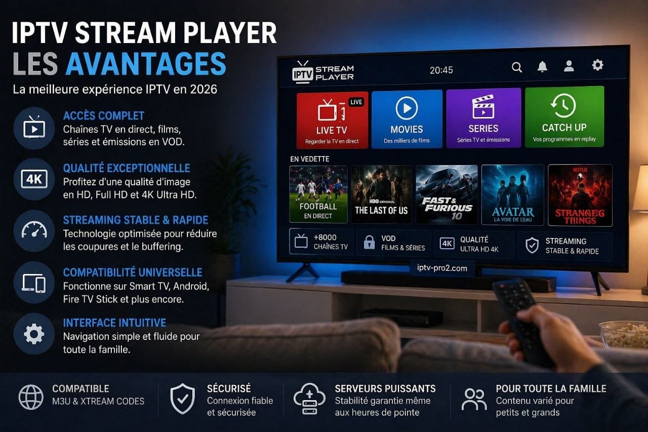 Avantages IPTV Stream Player sur Smart TV avec abonnement IPTV Premium streaming HD 4K iptv-pro2.com