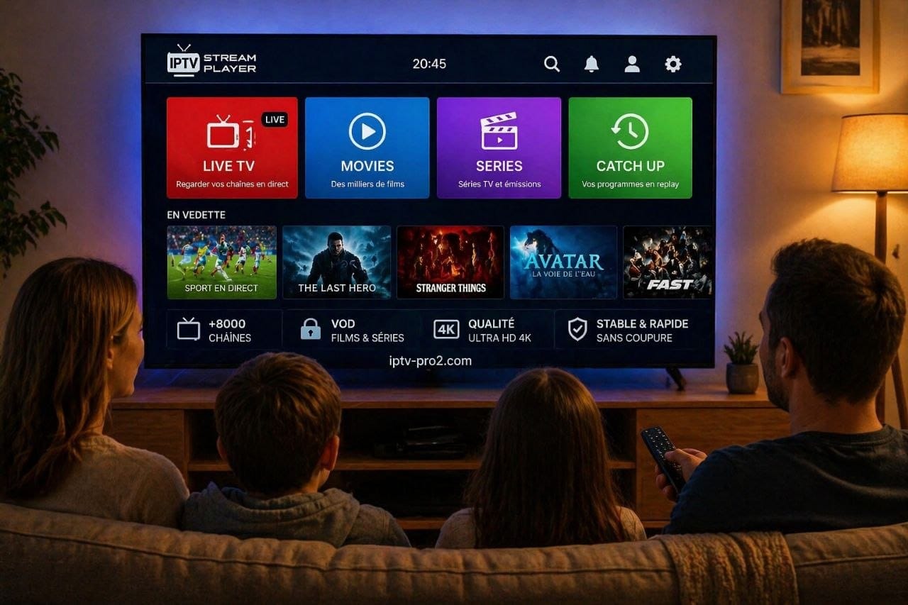 Famille regardant IPTV Stream Player sur Smart TV avec abonnement IPTV Premium iptv-pro2.com
