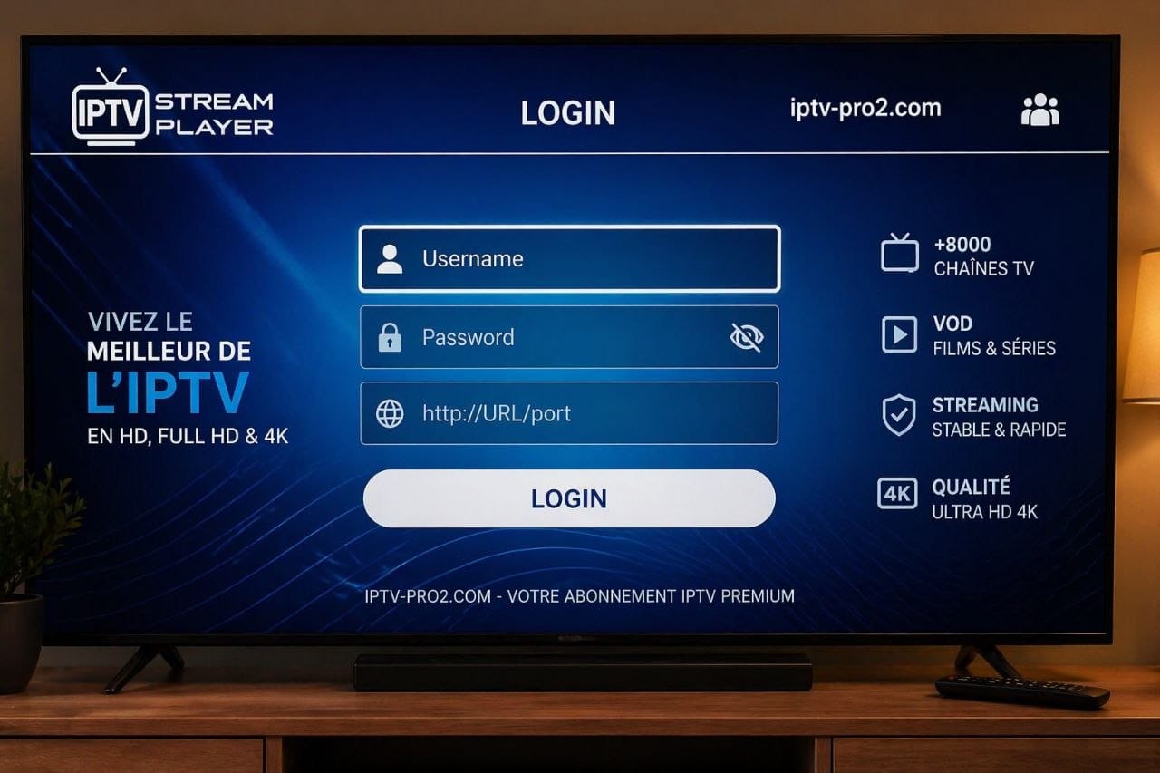 Interface IPTV Stream Player login affichée sur Smart TV avec abonnement IPTV Premium iptv-pro2.com