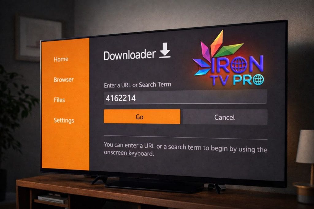 Installation de Iron TV Pro IPTV via Downloader avec le code 4162214 sur Smart TV et Fire TV