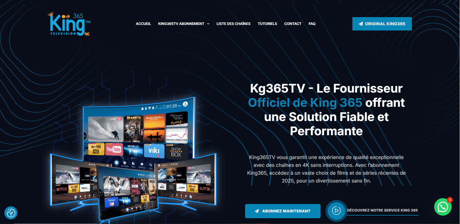 Interface de l’abonnement IPTV King 365 avec chaînes TV, films et séries