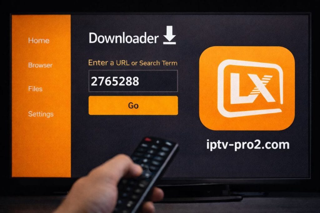 Écran TV affichant l’application Downloader avec le code 2765288 pour installer Lxtream IPTV facilement
