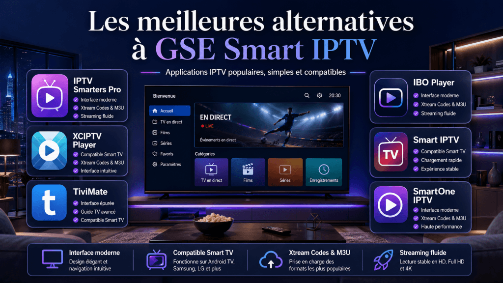 Alternatives à GSE Smart IPTV avec IPTV Smarters Pro, XCIPTV Player, TiviMate, IBO Player, Smart IPTV et SmartOne IPTV