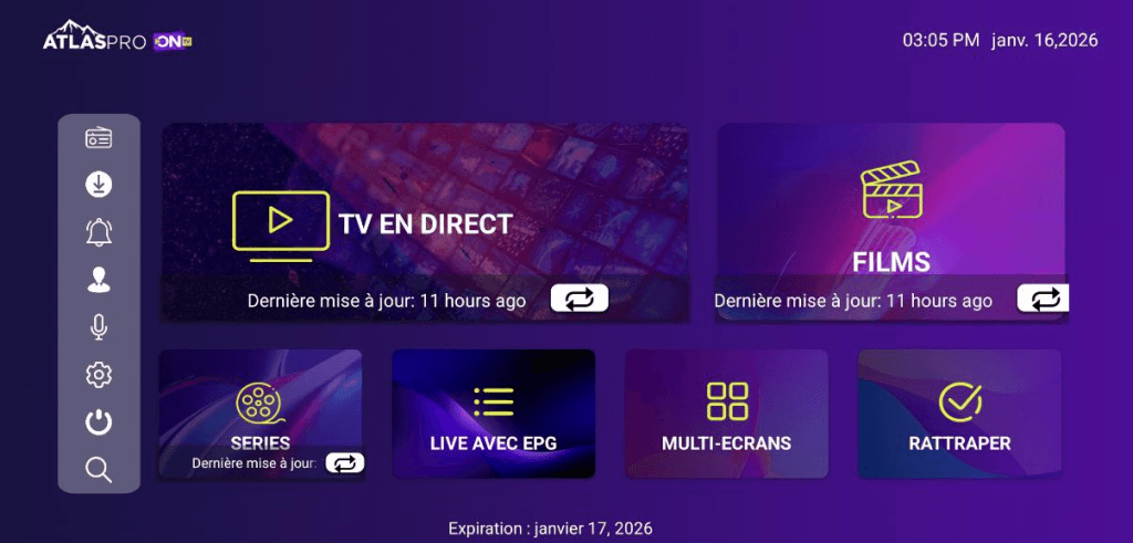 Interface Atlas Pro ONTV Premium avec chaînes IPTV et menu interactif