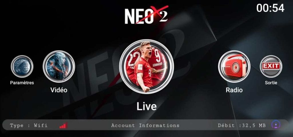 Interface du menu Neox2 IPTV