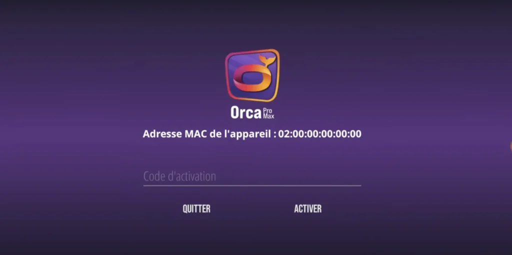 Écran d’activation avec saisie du code Orca Pro Plus sur l’application IPTV