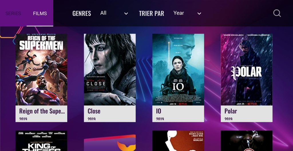 Interface VOD de l’application Orca Pro Plus avec films et séries à la demande