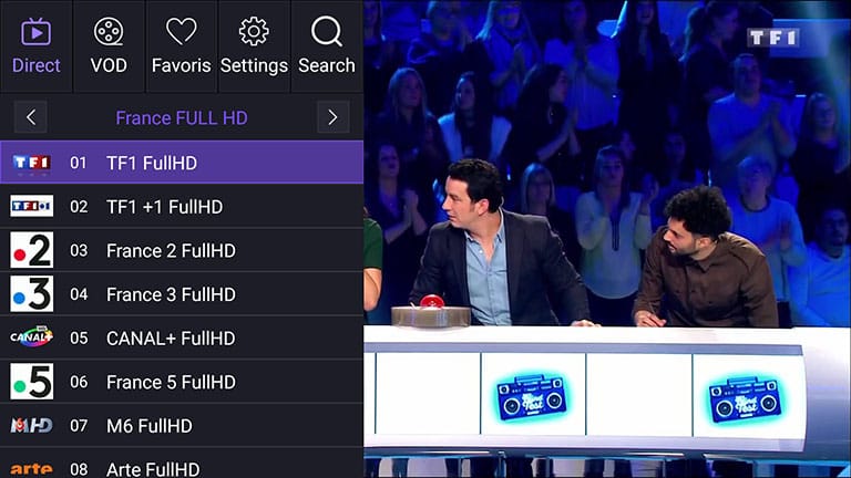 Interface de l’application QHDTV Pro avec la liste des chaînes IPTV en direct