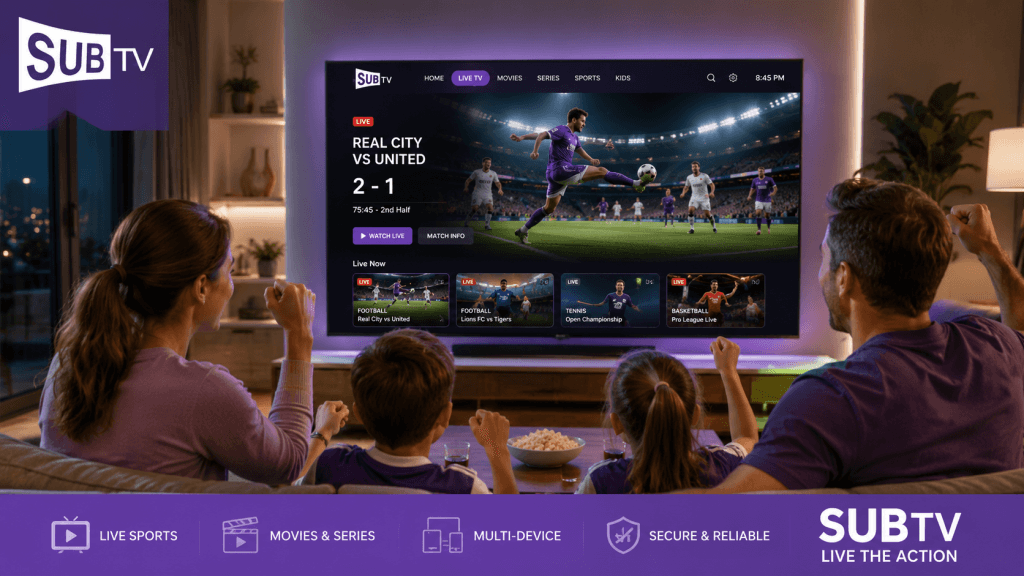 Famille regardant un match de football en direct sur Smart TV via l’application SUBTV IPTV, avec interface moderne, live sports, films et séries, multi-device et expérience TV premium.