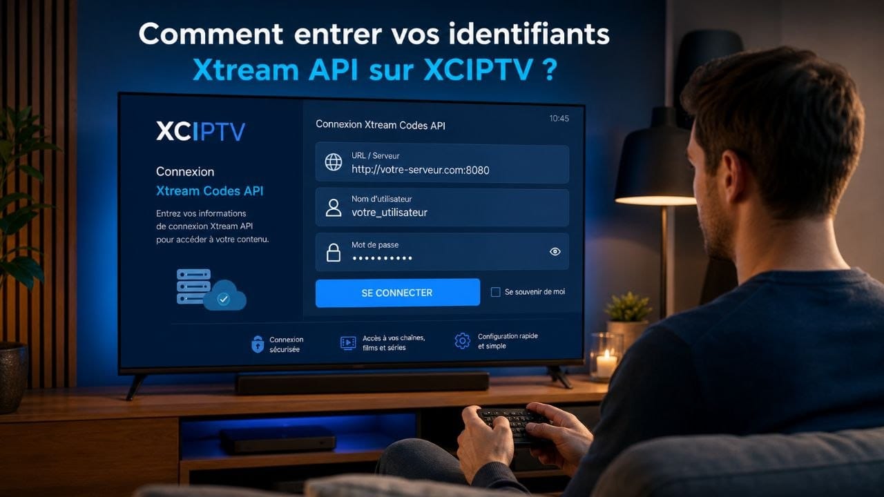 Personne entrant les informations Xtream API sur l’application XCIPTV depuis une Smart TV avec URL serveur, nom d’utilisateur et mot de passe.