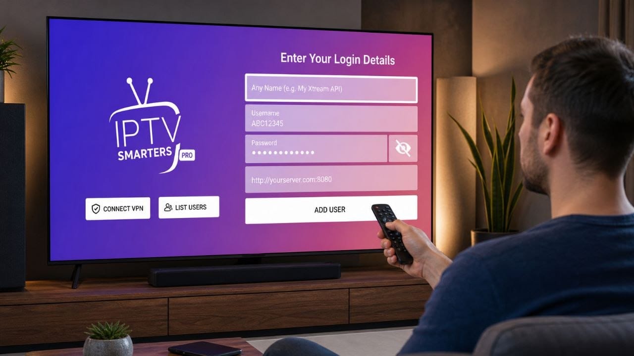 Personne configurant un Xtream API Code IPTV sur l’application IPTV Smarters Pro depuis une Smart TV