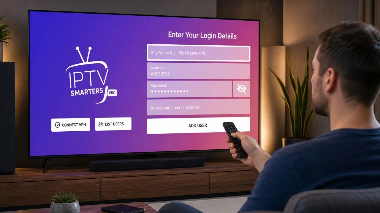 Personne configurant un Xtream API Code IPTV sur l’application IPTV Smarters Pro depuis une Smart TV