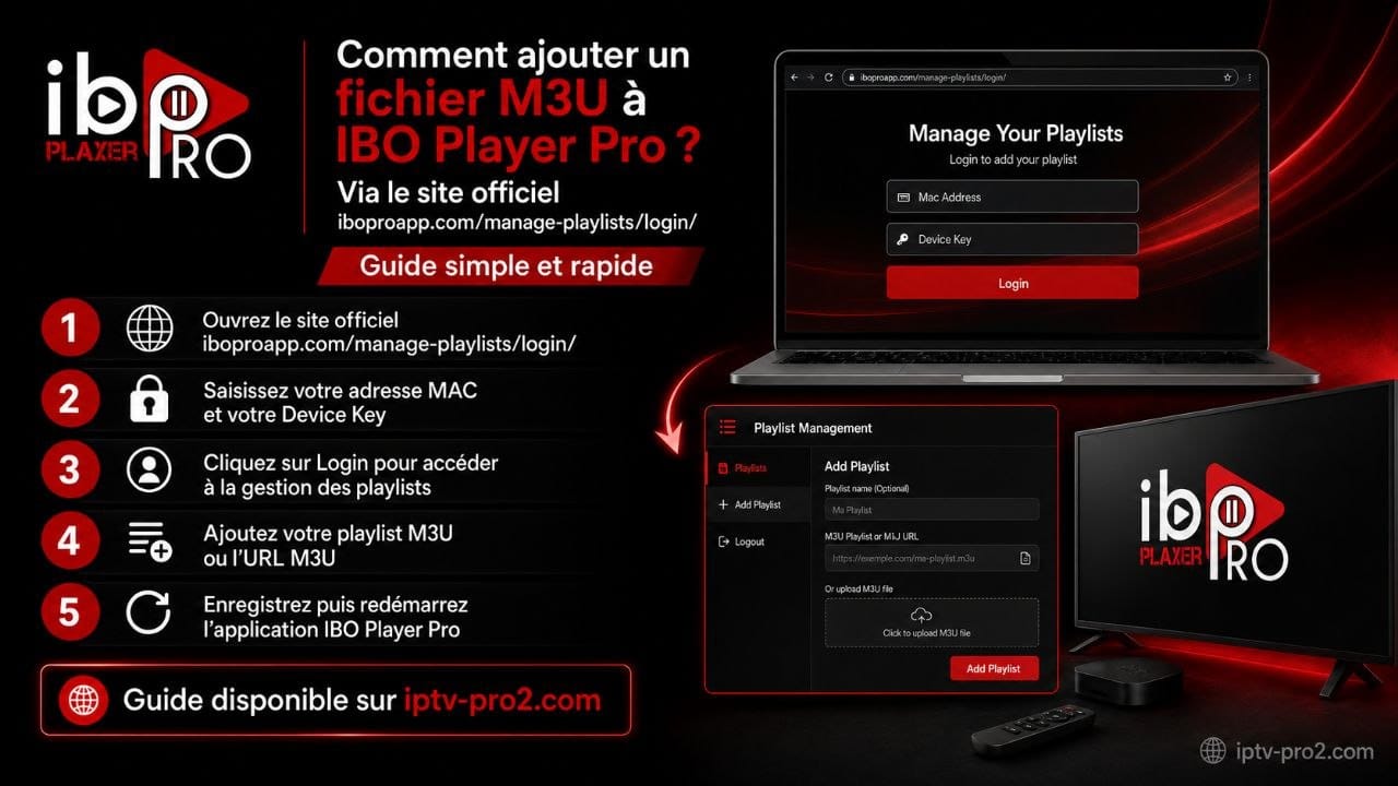 Guide en français expliquant comment ajouter un fichier M3U à IBO Player Pro via le site officiel iboproapp.com avec adresse MAC, Device Key et gestion des playlists.