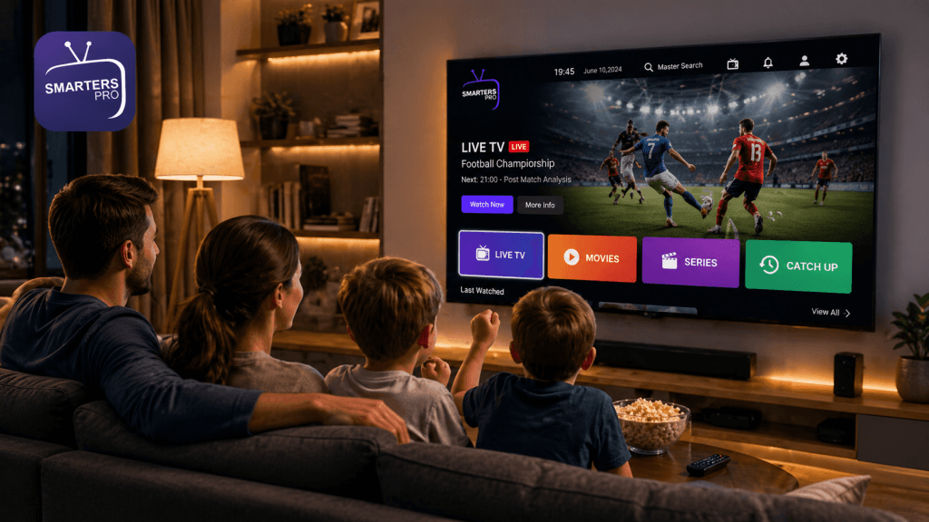 Famille regardant un match de football sur une Smart TV avec l’application IPTV Smarters Pro dans un salon moderne.