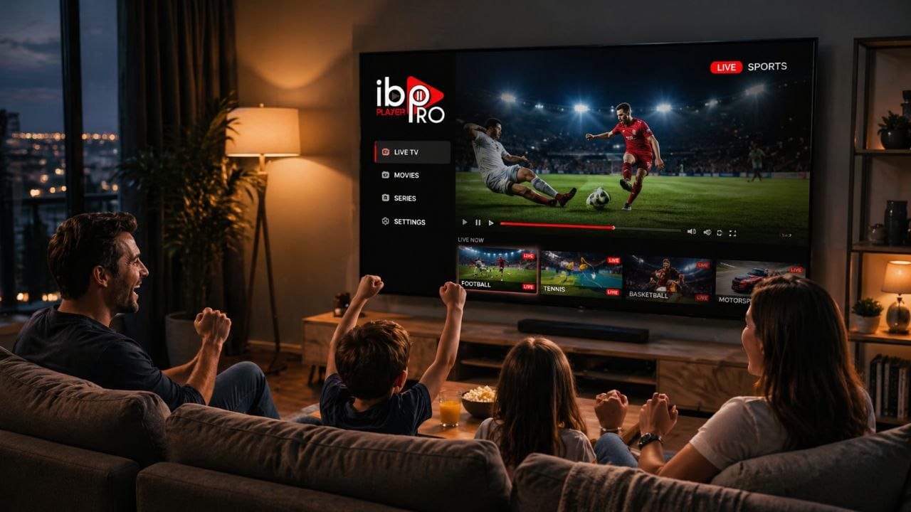 Famille regardant un match de football en direct sur Smart TV via l’application IBO Player Pro dans un salon moderne.