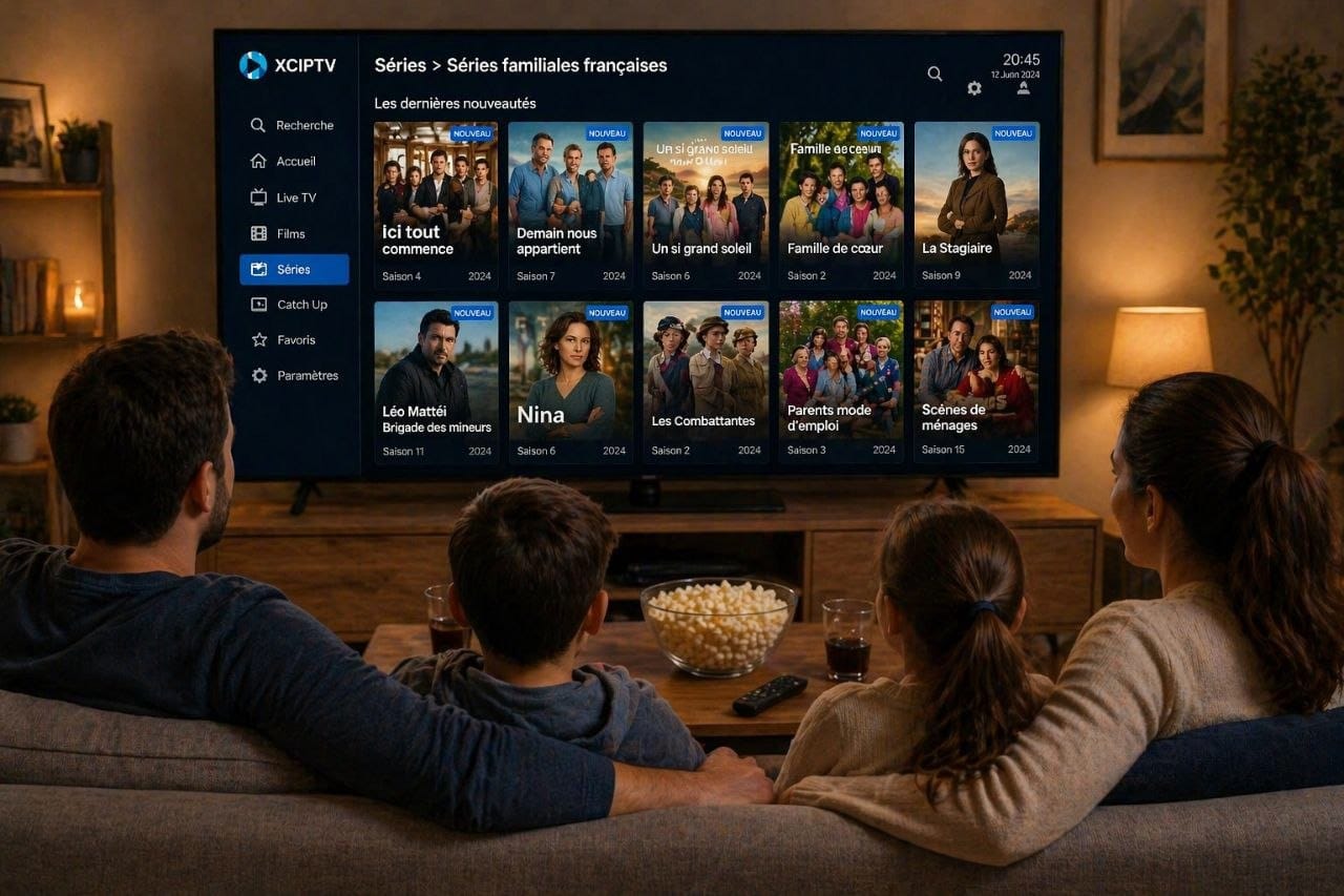 Famille regardant les dernières séries familiales françaises via XCIPTV sur Smart TV avec IPTV premium