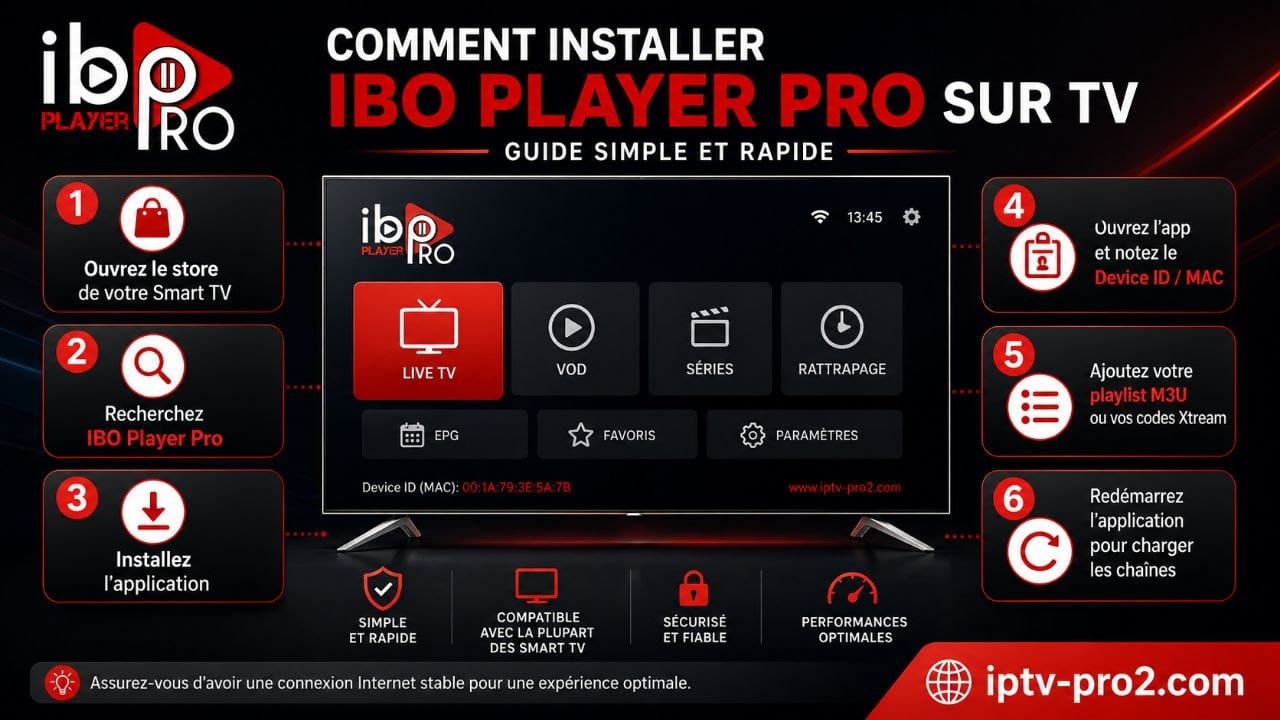 Installation IBO Player Pro sur Smart TV avec playlist M3U Xtream Codes et abonnement IPTV premium iptv-pro2.com