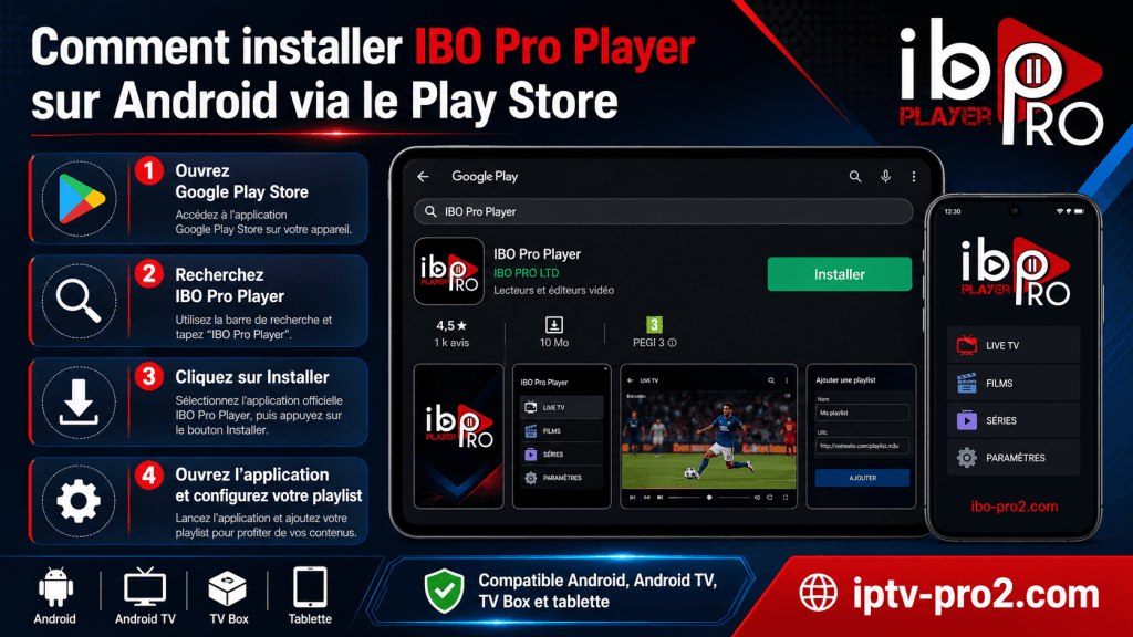 Installation IBO Pro Player sur Android via Google Play Store avec abonnement IPTV premium iptv-pro2.com