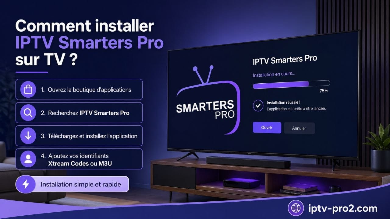 Guide visuel montrant comment installer IPTV Smarters Pro sur une télévision avec les étapes principales et le site iptv-pro2.com.