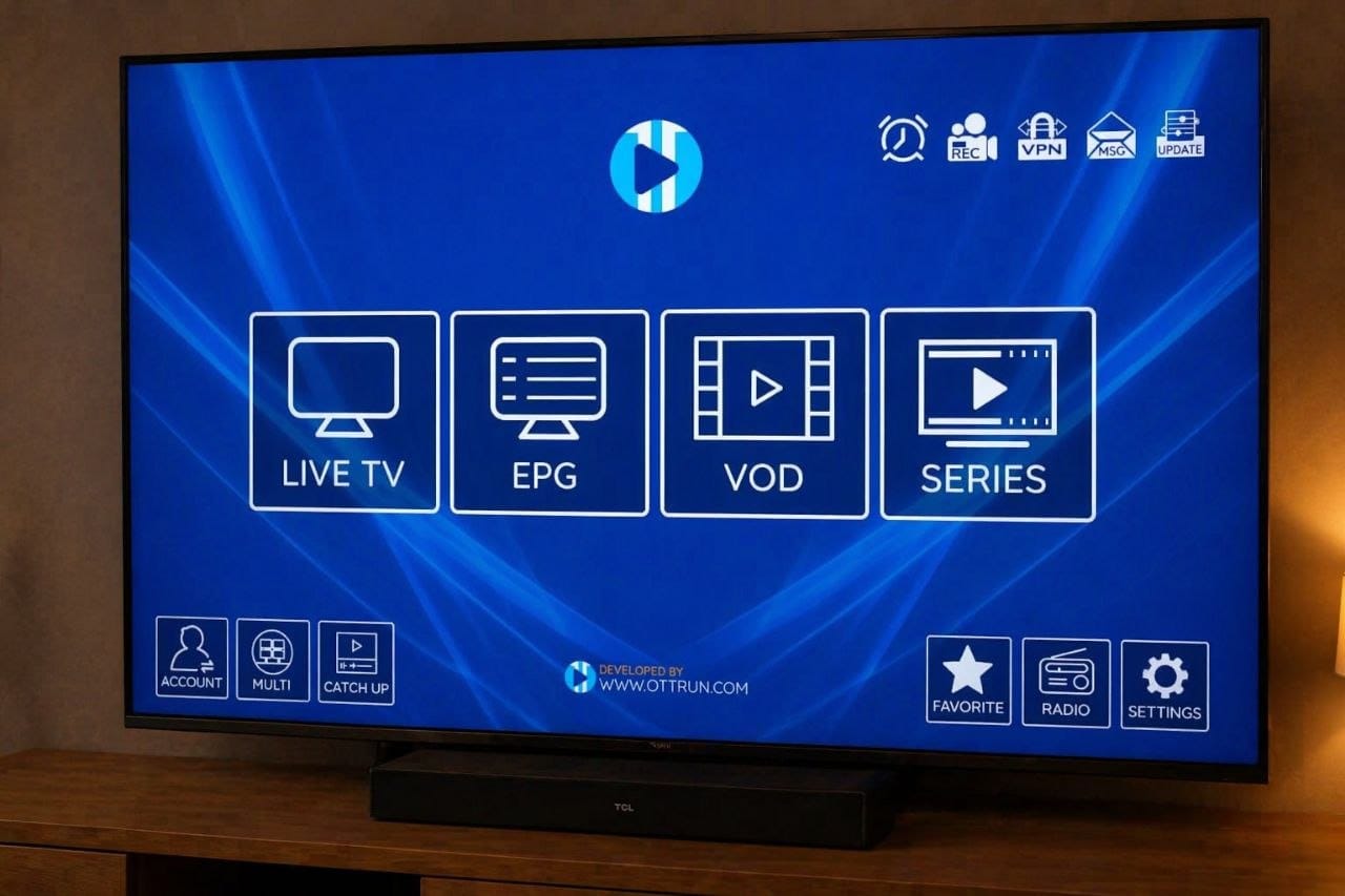 Interface IPTV affichée sur Smart TV dans un salon moderne avec streaming IPTV HD 4K iptv-pro2.com