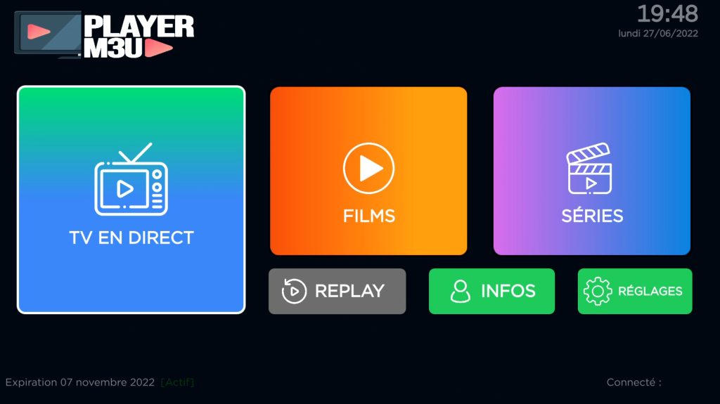 Interface du lecteur M3U IPTV avec menu des chaînes, films et séries.