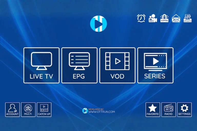 Interface du menu principal de l'application XCIPTV Player Premium avec icônes Live TV, EPG, VOD et Séries.