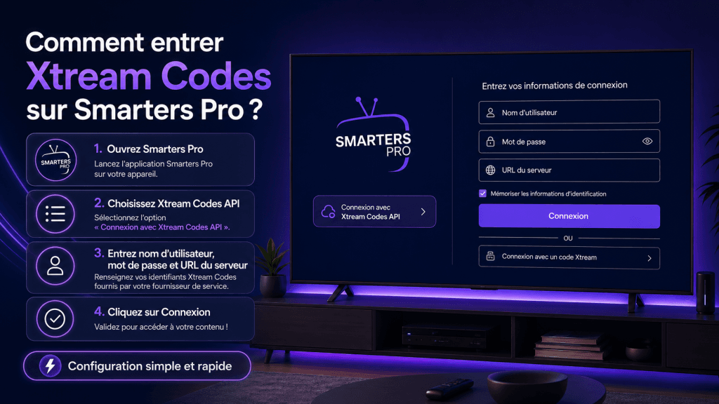Guide visuel montrant comment entrer les informations Xtream Codes sur Smarters Pro avec nom d’utilisateur, mot de passe et URL du serveur.