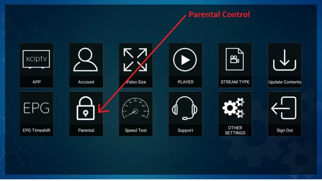 Interface de contrôle parental sur XCIPTV Player.