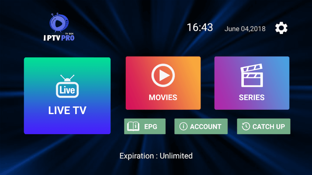 Interface de l’application IPTV PRO – menu principal