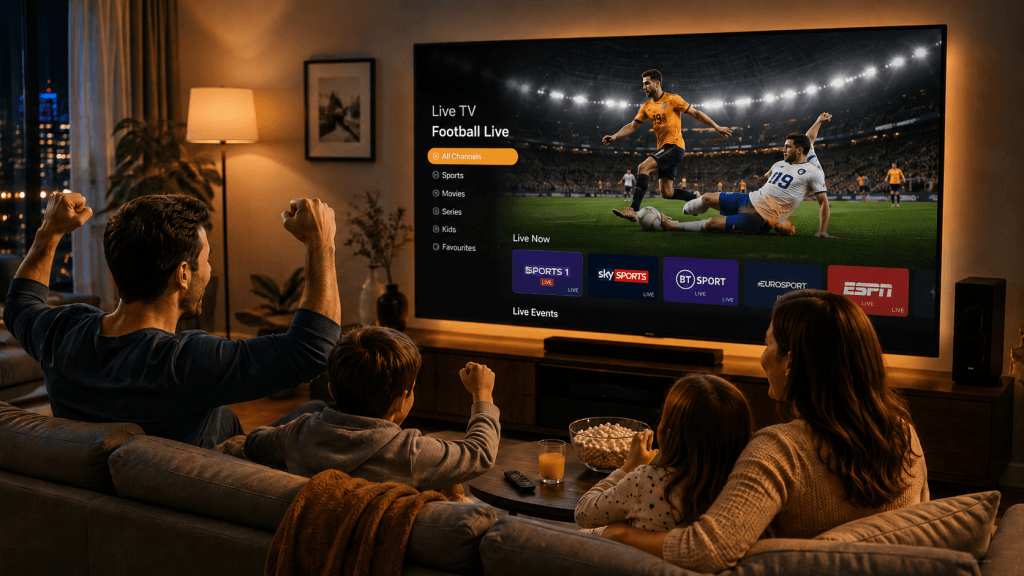 Famille installée dans un salon moderne regardant un match de football en direct sur Smart TV avec SubTV abonnement IPTV France.